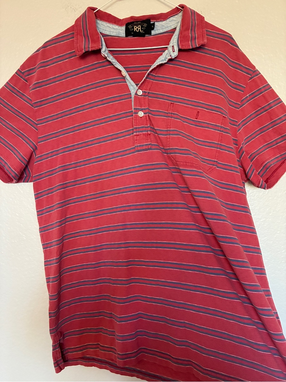 RARE VTG RRL Ralph Lauren Men’s XL Red/Blue Striped Polo Shirt w/ Pocket Preppy - Picture 3 of 9